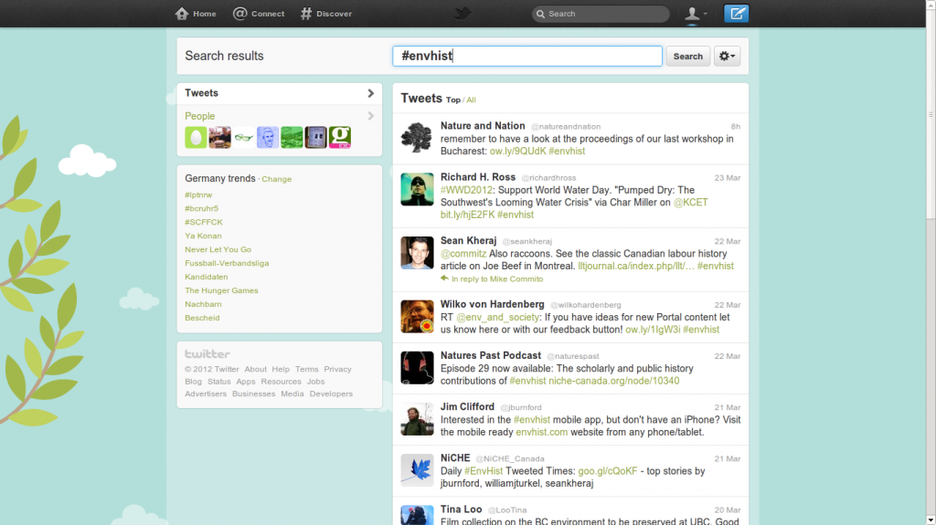Screenshot of twitter showing activity tagged #envhist.
