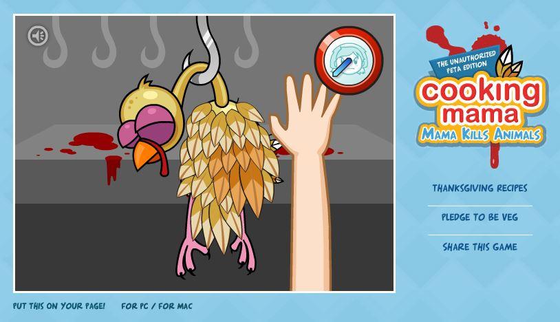 Fig. 2. Pluck your own Thanksgiving turkey in PETA’s Cooking Mama: Mama Kills Animals game. Author screenshot.