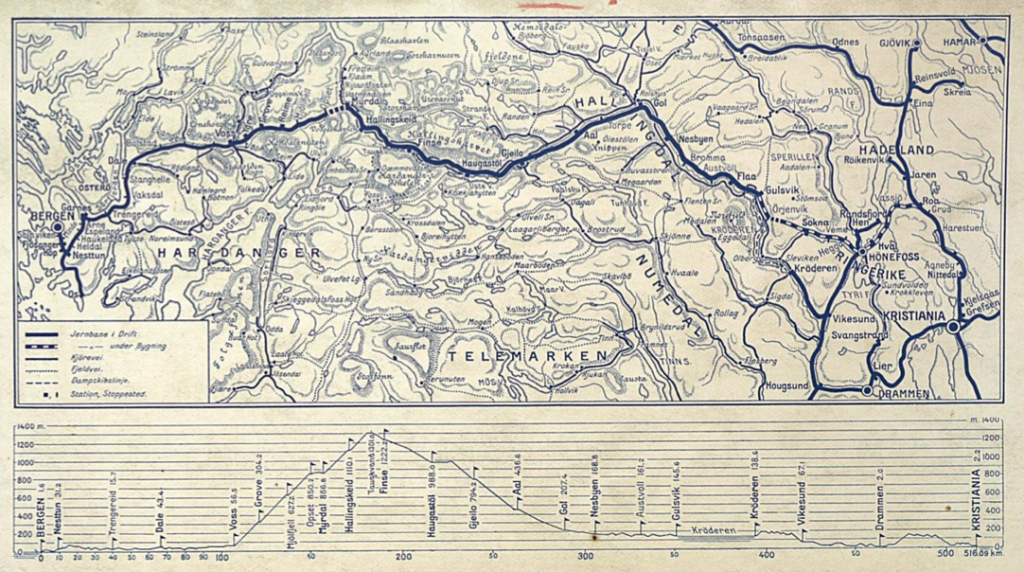 Bergensbanen railroad map, from Yngvar Nielsen's book Norske jernbaner II. Bergensbanen, 1908.