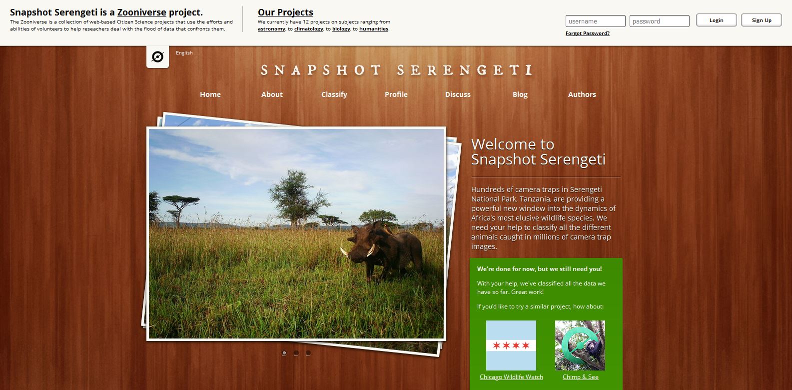Snapshot Serengeti invites users to classify animals photographed in Serengeti National Park.