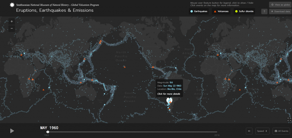 Global Volcanism Program, 2016. Eruptions, Earthquakes, & Emissions, v. 1.0 (internet application). Smithsonian Institution. Accessed 16 October 2016.